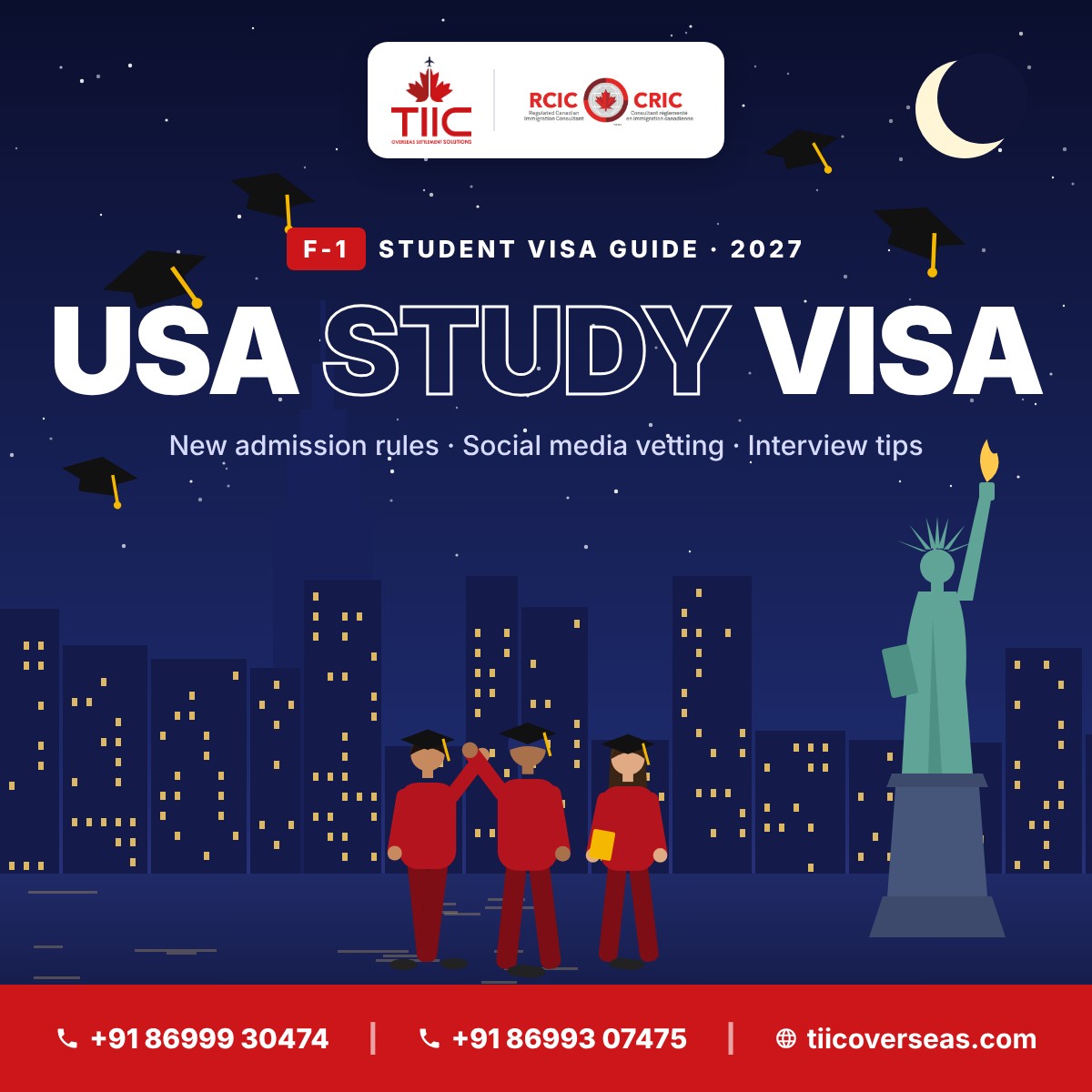 USA F-1 study visa 2027 guide by TIIC Overseas, study visa consultants in Chandigarh – graduates under the New York skyline with the Statue of Liberty